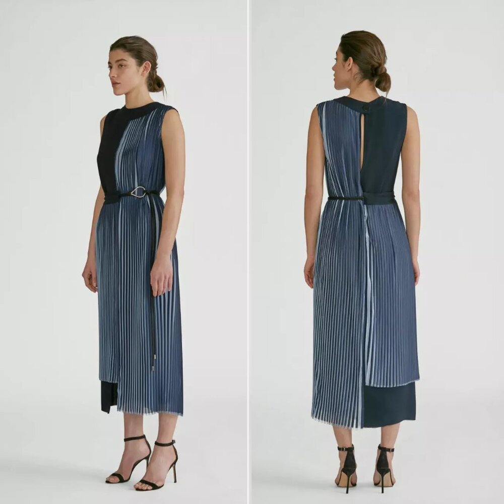 Yigal Azrouël Two Tone Pleated Dress in Midnight Multi Blue Size 4